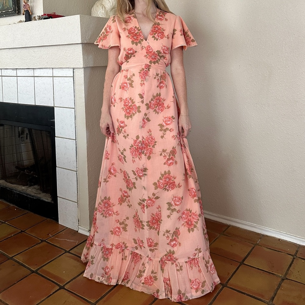 Vintage 70s Flutter Sleeve Boho Prairie Maxi Dress